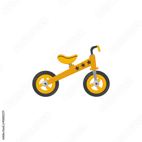 Yellow children's balance bike isolated on white background image. Teaching children to ride a bike, keep balance, pushing off the ground. Vector graphics.