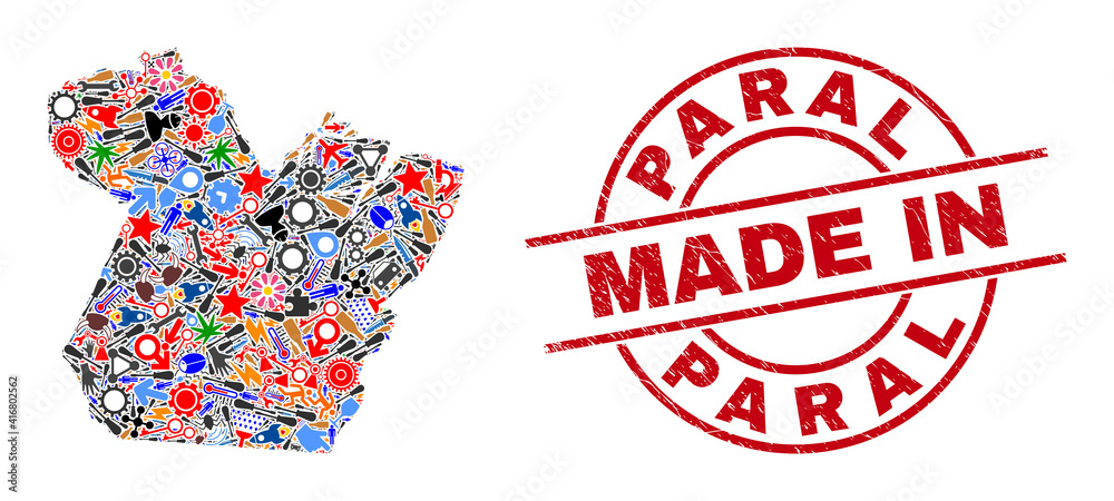 Component mosaic Paral State map and MADE IN distress rubber stamp. Paral State map composition created with spanners, cogs, instruments,, keys, airplanes, electric strikes, details. Component mosaic Paral State map and MADE IN distress rubber stamp. Paral State map composition created with spanners, cogs, instruments,, keys, airplanes, electric strikes, details.