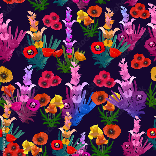 Seamless Colorful Floral Pattern on a Blue Background. Hand drawn blooming garden flowers. 