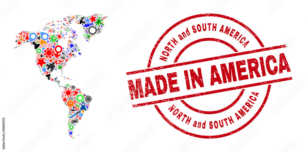 Engineering mosaic South and North America map and MADE IN grunge rubber stamp. South and North America map composition created with wrenches, gearwheels, instruments, aircrafts, vehicles,