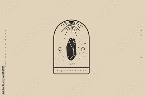 Emblem template with magic dark crystal on a light background. The magical quartz stone sparkles and soars. Mystical retro symbols for the spiritual practices of ethnic magic and astrological rites.