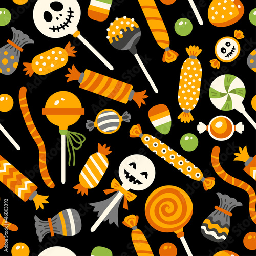 Happy Halloween sweets pattern. Seamless background with trick or treat candies. Vector illustration. Many types spooky dessert.