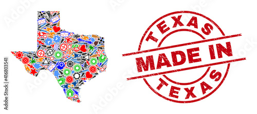 Education mosaic Texas State map and MADE IN grunge rubber stamp. Texas State map mosaic composed with wrenches, cogs, tools, elements, cars, electric bolts, rockets.