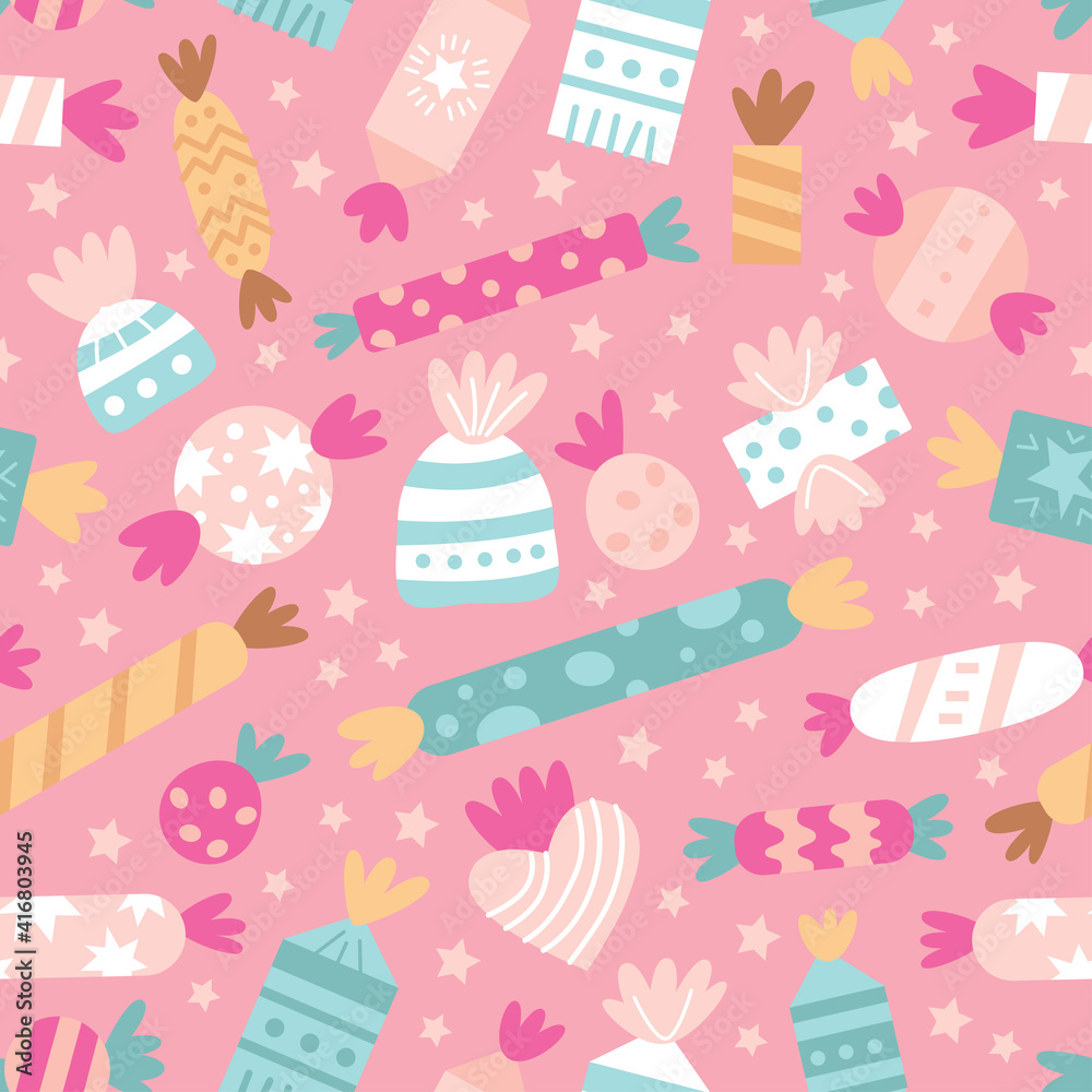 Vector seamless pattern with candies. Sweet candy and cookie holiday background for birthday party. Girls backdrop