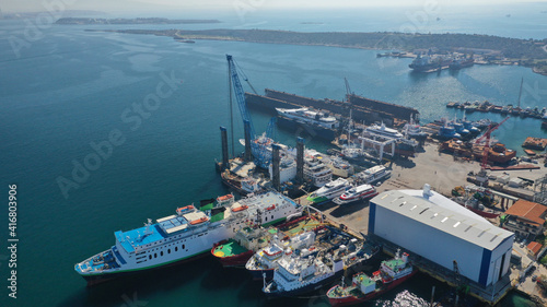 Aerial drone photo of industrial shipyard in old port of Salamina island, Attica, Greece