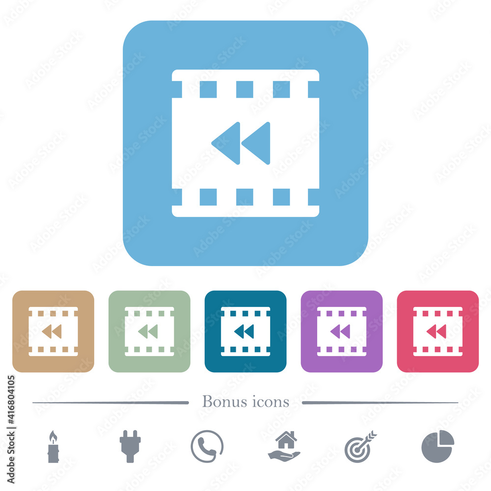 Movie fast backward flat icons on color rounded square backgrounds Movie fast backward flat icons on color rounded square backgrounds