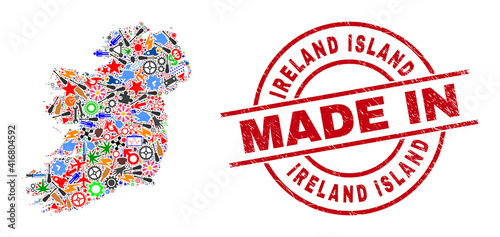 Development mosaic Ireland Island map and MADE IN distress rubber stamp. Ireland Island map mosaic designed from spanners, wheels, screwdrivers, aircrafts, vehicles, electricity sparks, details.