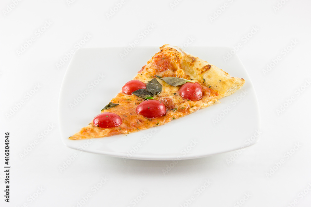 Slice of Marguerita pizza, with cheese, tomatoes and basil on a white plate - Fatia de Pizza sabor Marguerita Slice of Marguerita pizza, with cheese, tomatoes and basil on a white plate - Fatia de Pizza sabor Marguerita