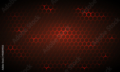 Abstract dark red bright energy flashes under hexagon in dark technology, futuristic, modern illustration. Red technology hexagonal background. Red honeycomb texture grid.