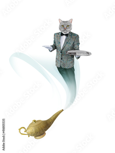 génie, chat , servir, magie, lampe d'Aladin, bleu, restauration, maitre d'hôtel, barbe blanche, présentation, sympa, oriental, mille et une nuit, content, costume, cadeau, dessin animé, drôle, joyeux, photo