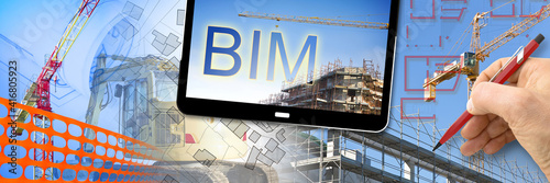 Building Information Modeling, BIM, a new way of architecture designing - concept image with metal scaffolding, tower crane, construction machinery in a construction site 
 photo