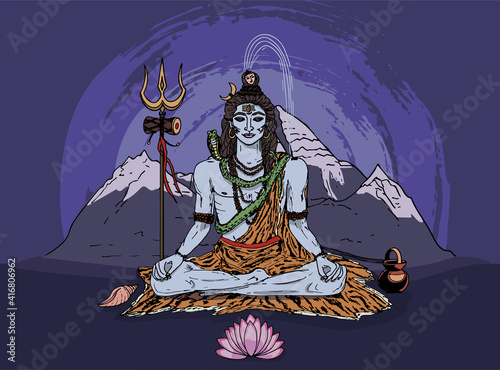 God Shiva. Mahadev sits, adorned with rudraksha beads, with a snake on his neck and a Ganges on his head. Trishula, Damaru, Mount Kailash. Modern vector illustration for paintings, posters, prints.