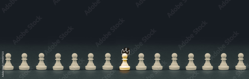 Brain and ideas can make different concept, Chess pawn with crown standing out from the crowd Brain and ideas can make different concept, Chess pawn with crown standing out from the crowd