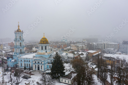 City Sumy in the fog Ukraine at the winter aerial view