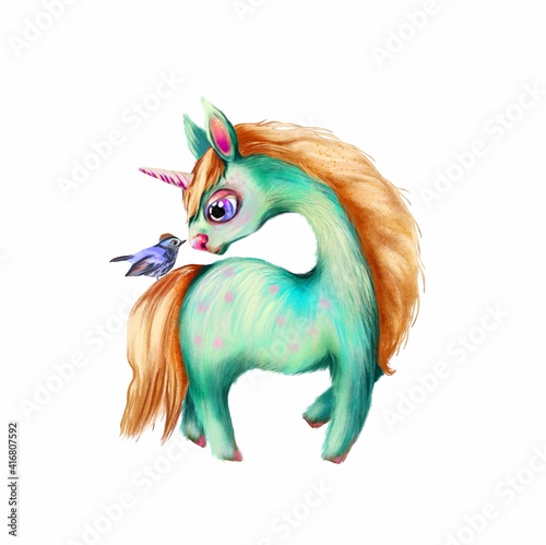 Cute colorful unicorn and a blue bird isolated on white background 