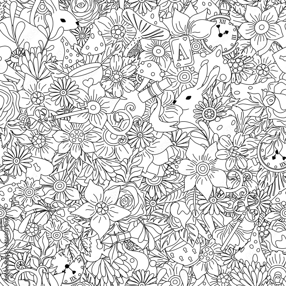 Naklejka premium Wonderland seamless pattern. Cartoon doodles hand drawn line art detailed, with lots of objects background. Flowers, white rabbit, cards, mushroom, keys and clock. Texture for fabric, decorative print