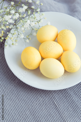 Colored yellow eggs on easter, decorated gypsophila flowers on gray cloth background