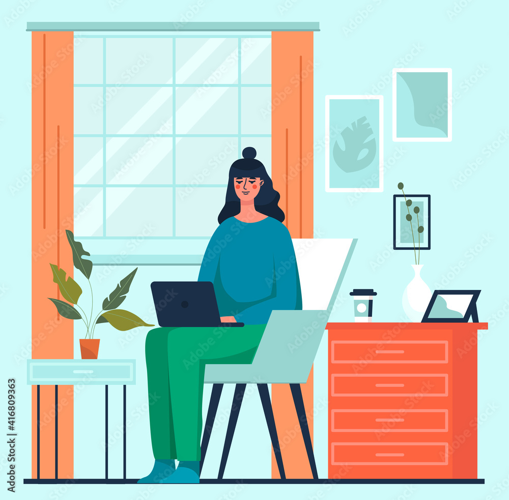 Fototapeta premium Woman in the armchair with laptop. Flat design illustration. Vector