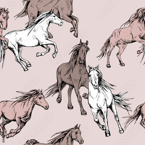 Seamless wallpaper pattern. The running beautiful horses on a dusty rose background. Textile composition, hand drawn style print. Vector illustration.