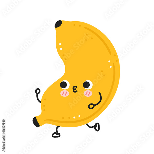 Cute funny banana jogging. Vector flat cartoon kawaii character illustration icon. Isolated on white background. Banana fruit workout character concept