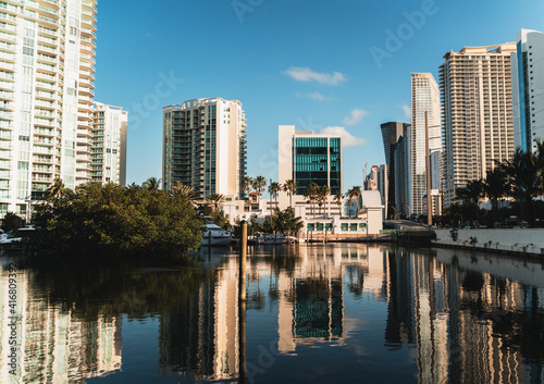downtown city skyline lake beach water reflection tropical miami florida housesky architecture boat vacation blue island tourism sunny isles florida 