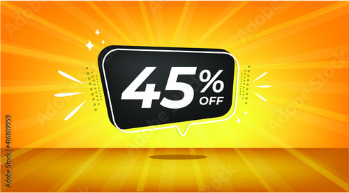 45% off. Yellow banner with forty-five percent discount on a black balloon for mega big sales.