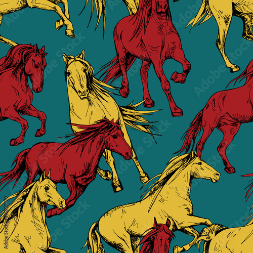 Bright Seamless wallpaper pattern. The running beautiful red and yellow horses on a blue-green background. Textile composition, hand drawn style print. Vector illustration.