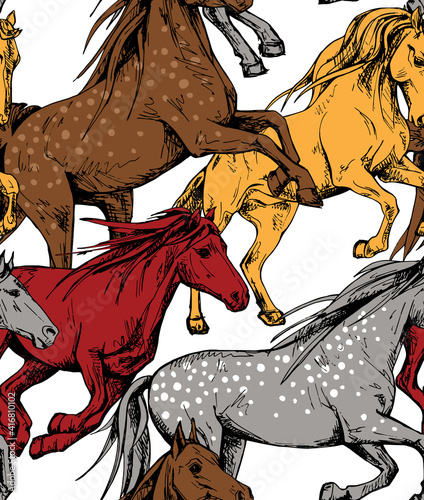 Bright Seamless wallpaper pattern. The running beautiful red, brown, gray and yellow horses on a white background. Textile composition, hand drawn style print. Vector illustration.