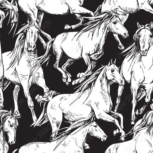 Seamless wallpaper pattern. The running beautiful white horses on a black background. Textile composition, hand drawn style print. Vector illustration.