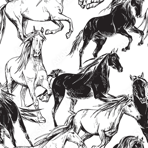 Seamless wallpaper pattern. The running beautiful horses. Textile composition, hand drawn style print. Vector black and white  illustration.