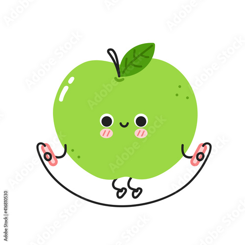 Cute funny apple make gym with jump rope. Vector flat line cartoon kawaii character illustration icon. Isolated on white background. Apple fruit workout character concept