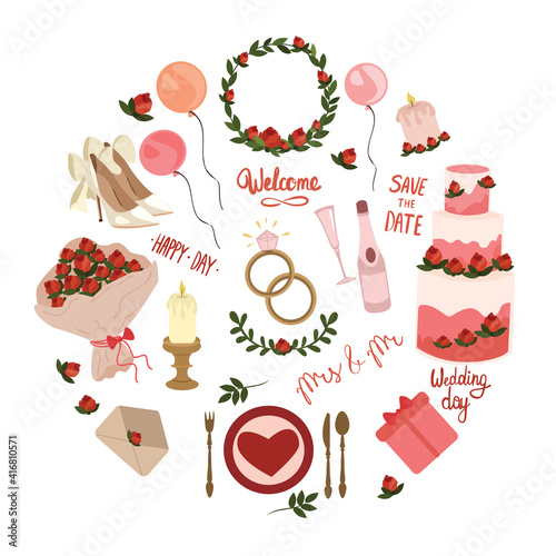 Set of holiday elements for wedding, valentine's day cute colorful illustrations flat cartoon illustration 
