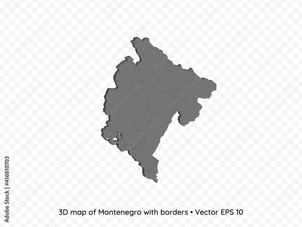 3D map of Montenegro with borders isolated on transparent background, vector eps illustration