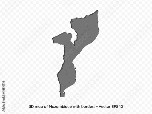 3D map of Mozambique with borders isolated on transparent background, vector eps illustration
