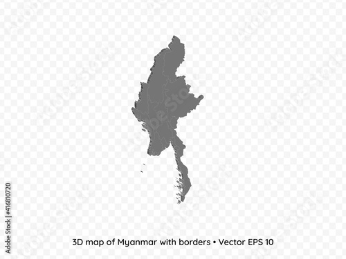 3D map of Myanmar with borders isolated on transparent background, vector eps illustration