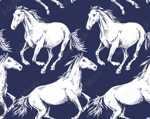 Seamless wallpaper pattern. The running beautiful white horses on a dark blue background. Textile composition, hand drawn style print. Vector illustration.