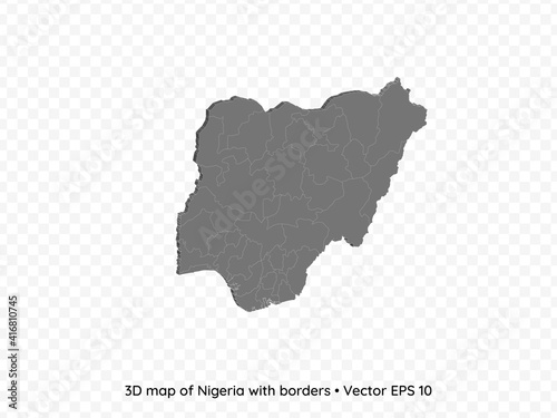 3D map of Nigeria with borders isolated on transparent background, vector eps illustration