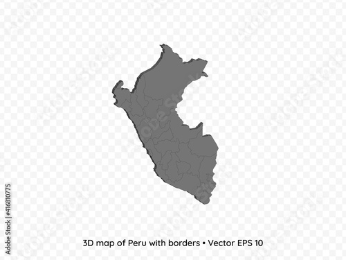 3D map of Peru with borders isolated on transparent background, vector eps illustration