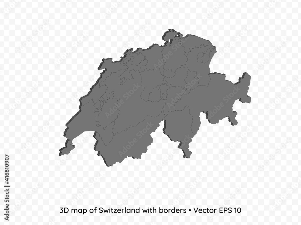 3D map of Switzerland with borders isolated on transparent background, vector eps illustration