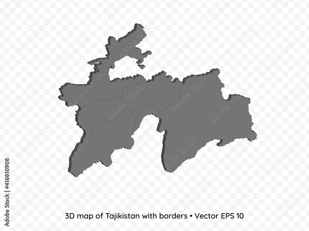 3D map of Tajikistan with borders isolated on transparent background, vector eps illustration