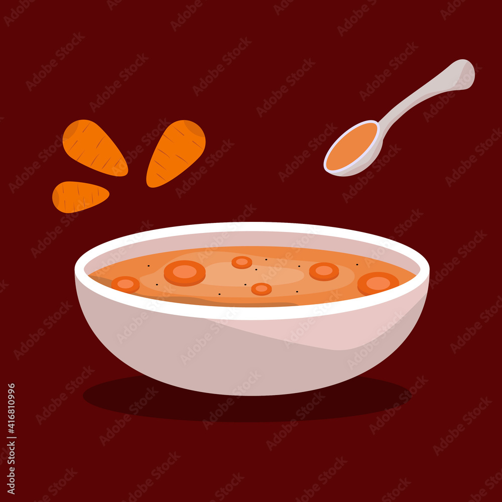 A simple serving of modern vegan food on a brown background. carrot soup puree, illustration of vegetarian food from carrots, vegetable soup