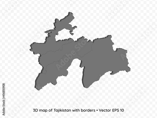 3D map of Tajikistan with borders isolated on transparent background, vector eps illustration