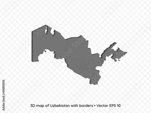 3D map of Uzbekistan with borders isolated on transparent background, vector eps illustration