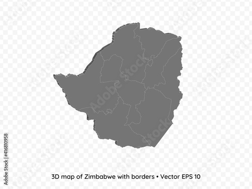 3D map of Zimbabwe with borders isolated on transparent background, vector eps illustration