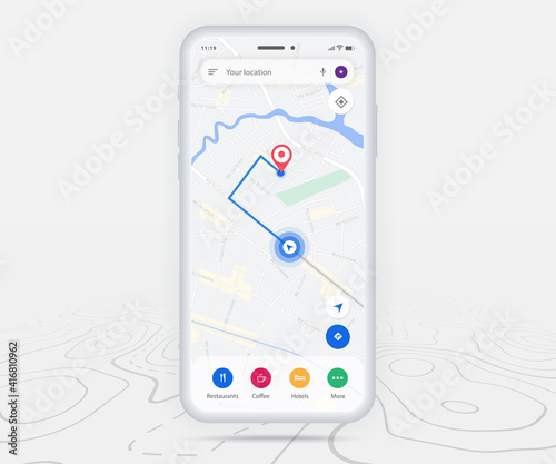 Mobile map GPS navigation app, Smartphone map application and red pinpoint screen, App search map navigation, Technology map, City navigation maps, City street, gps tracking, Location tracker, Vector