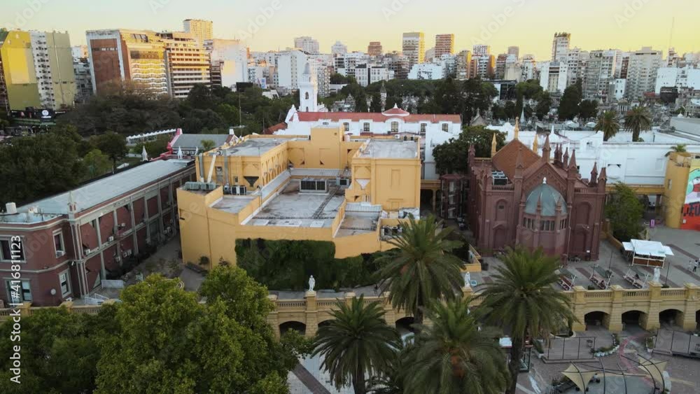 Aerial parallax shot of The Recoleta cultural centre and cemetery on background Aerial parallax shot of The Recoleta cultural centre and cemetery on background