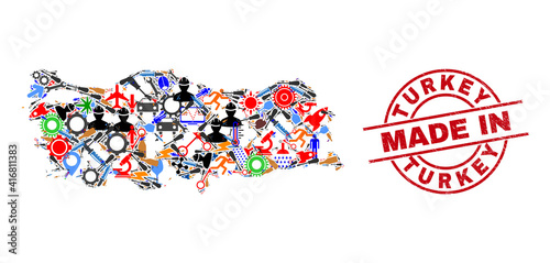 Production Turkey map mosaic and MADE IN distress stamp seal. Turkey map abstraction composed with spanners, cogs, tools, aircrafts, cars, electric strikes, helmets.