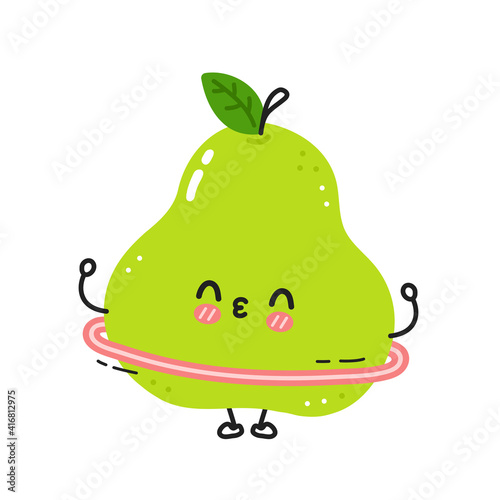 Cute funny green pear make gym with hula hoop. Vector flat line cartoon kawaii character illustration icon. Isolated on white background. Pear fruit workout character concept