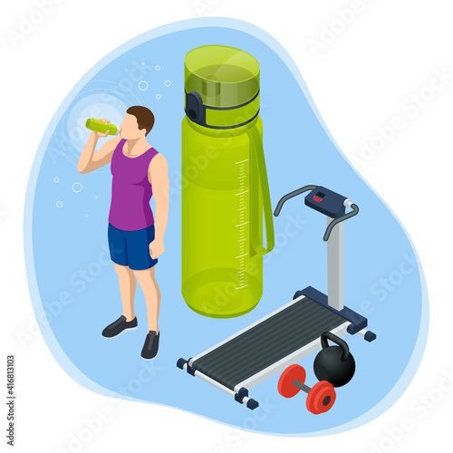 Isometric young male drinking a bottle of water. Sport water bottle. Active lifestyle Treadmill