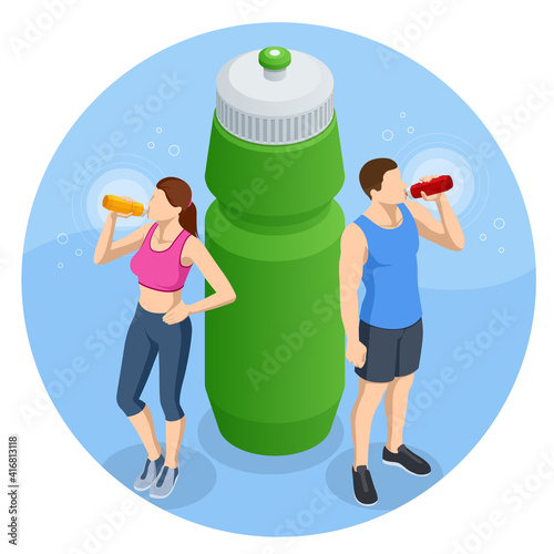 Isometric young people drinking a bottle of water. Sport water bottle. Active lifestyle
